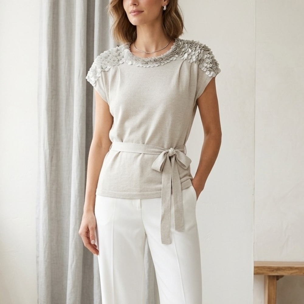 Boss Hugo Boss Size Large Grey Top Cap Sleeve Metallic Luxury Petal Embellish